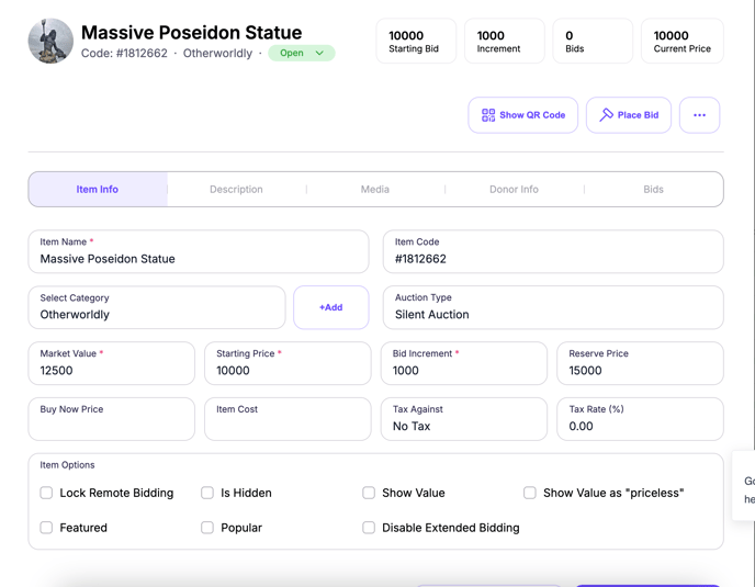 Item Info Tab with Extended Bidding Enabled