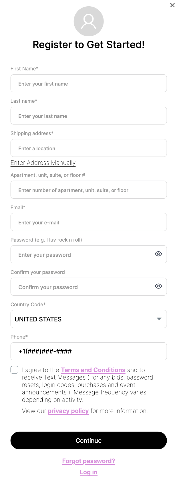 register form no custom terms