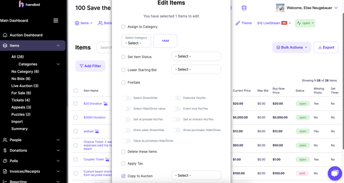 Bulk Actions- Copy items to Auction