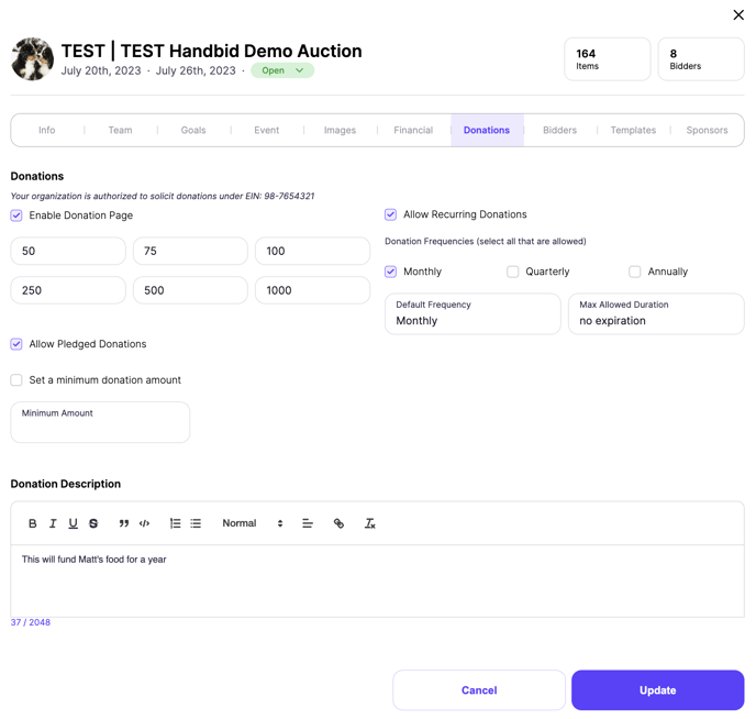 donations tab (auction, p2p, campaign)