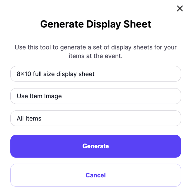 Sizing and item selection display sheets