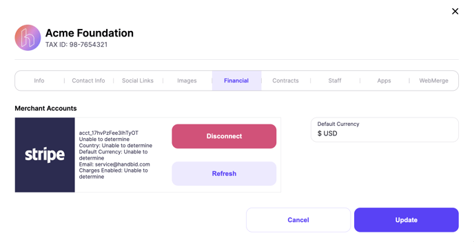 Org Settings - Financial, Stripe Connected